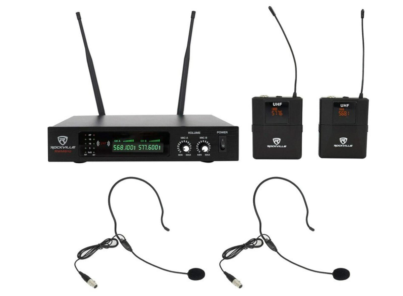 Wireless microphone system with two bodypack transmitters and headsets for clear audio.