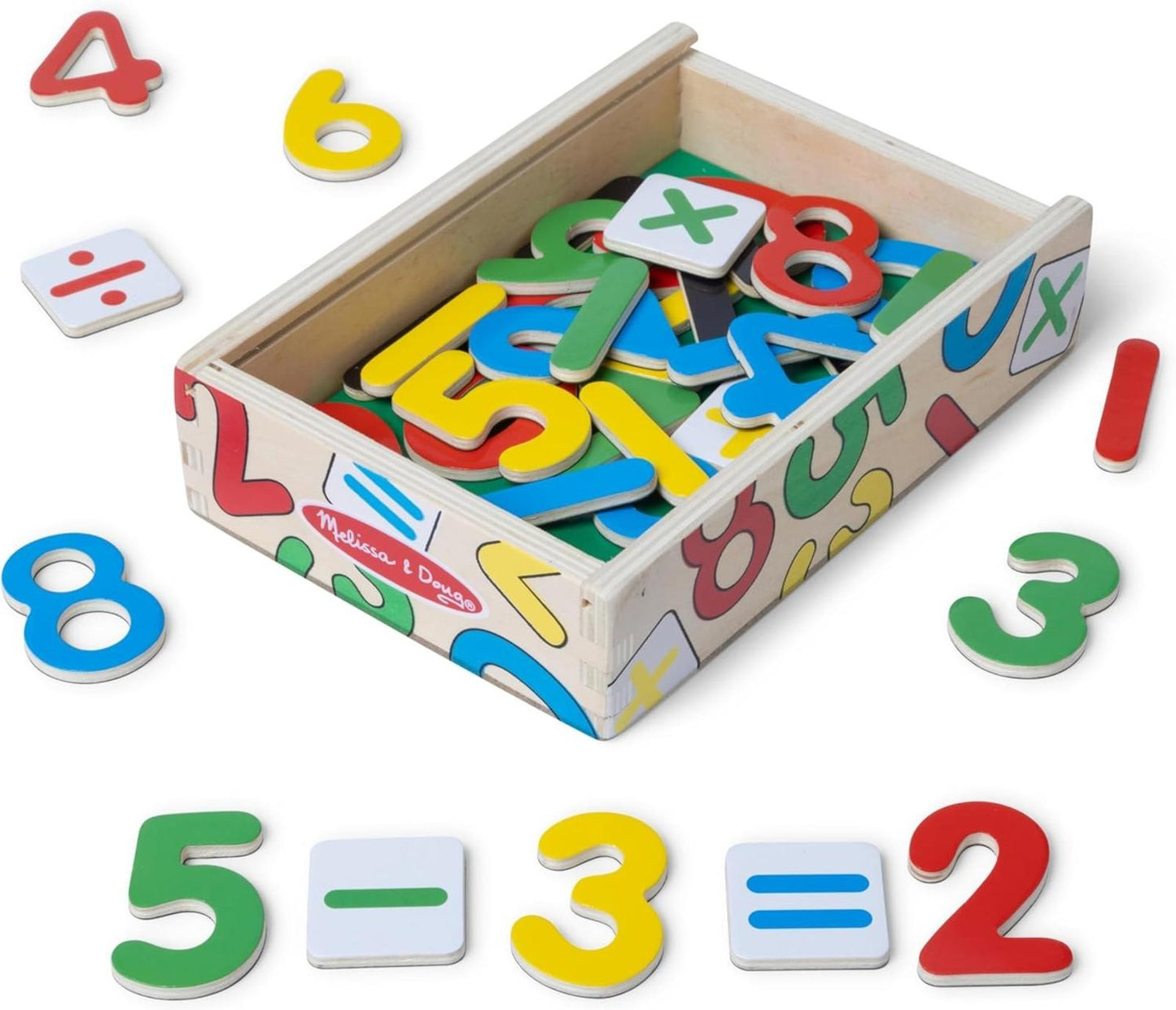 Wooden number puzzle set featuring colorful numbers and math symbols for educational play.