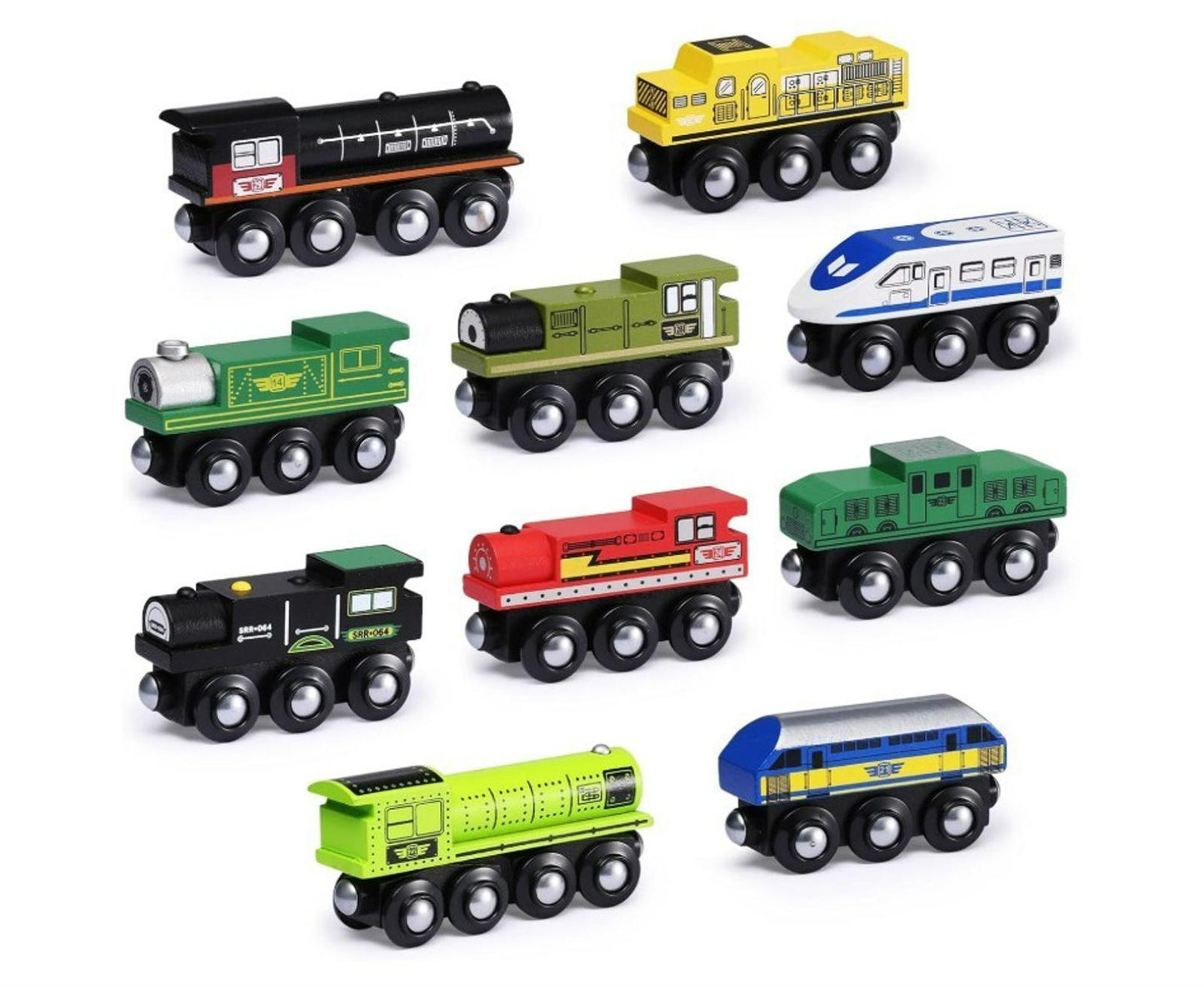 Wooden Train Set featuring colorful toy trains in various designs and colors.