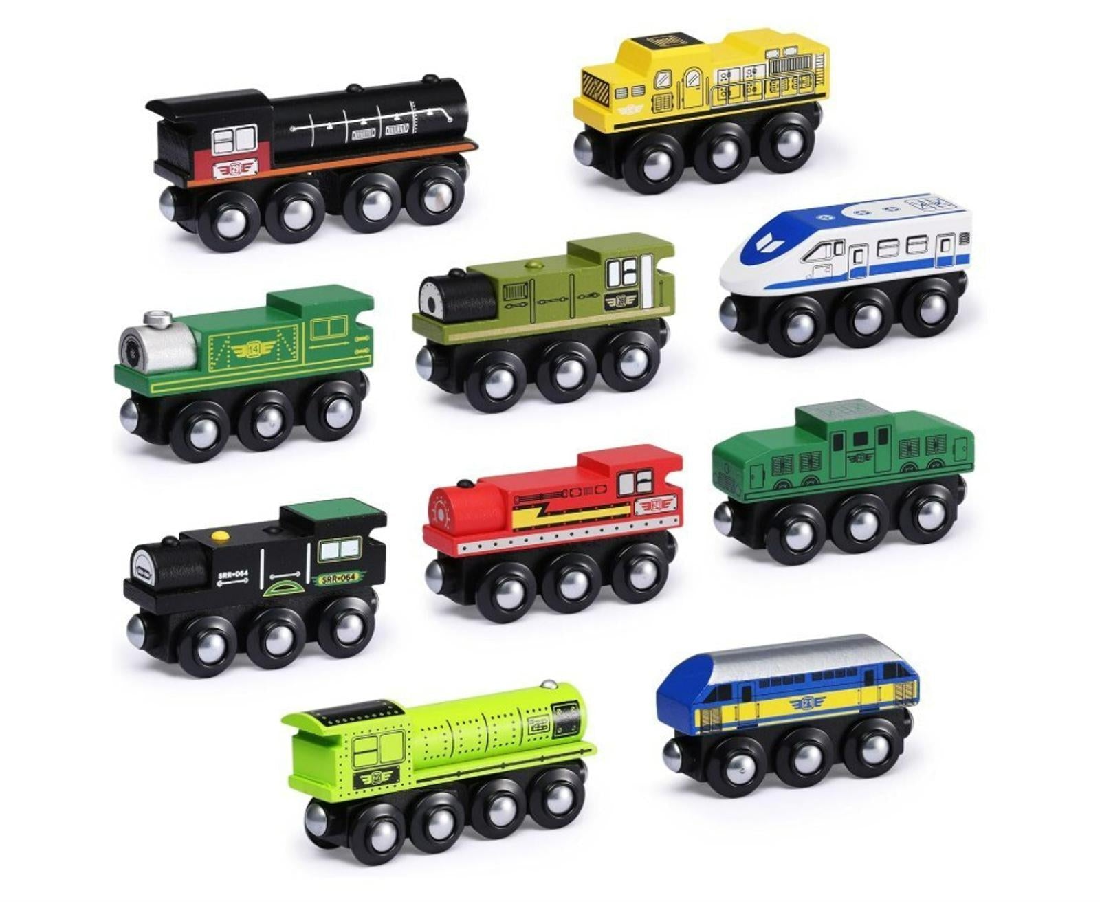 Wooden Train Set featuring colorful toy trains in various designs and colors.