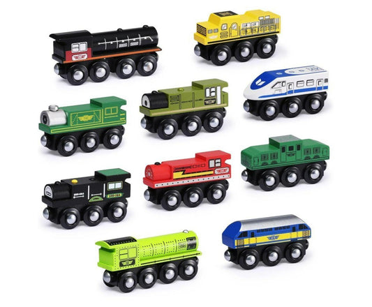 Wooden Train Set featuring colorful toy trains in various designs and colors.