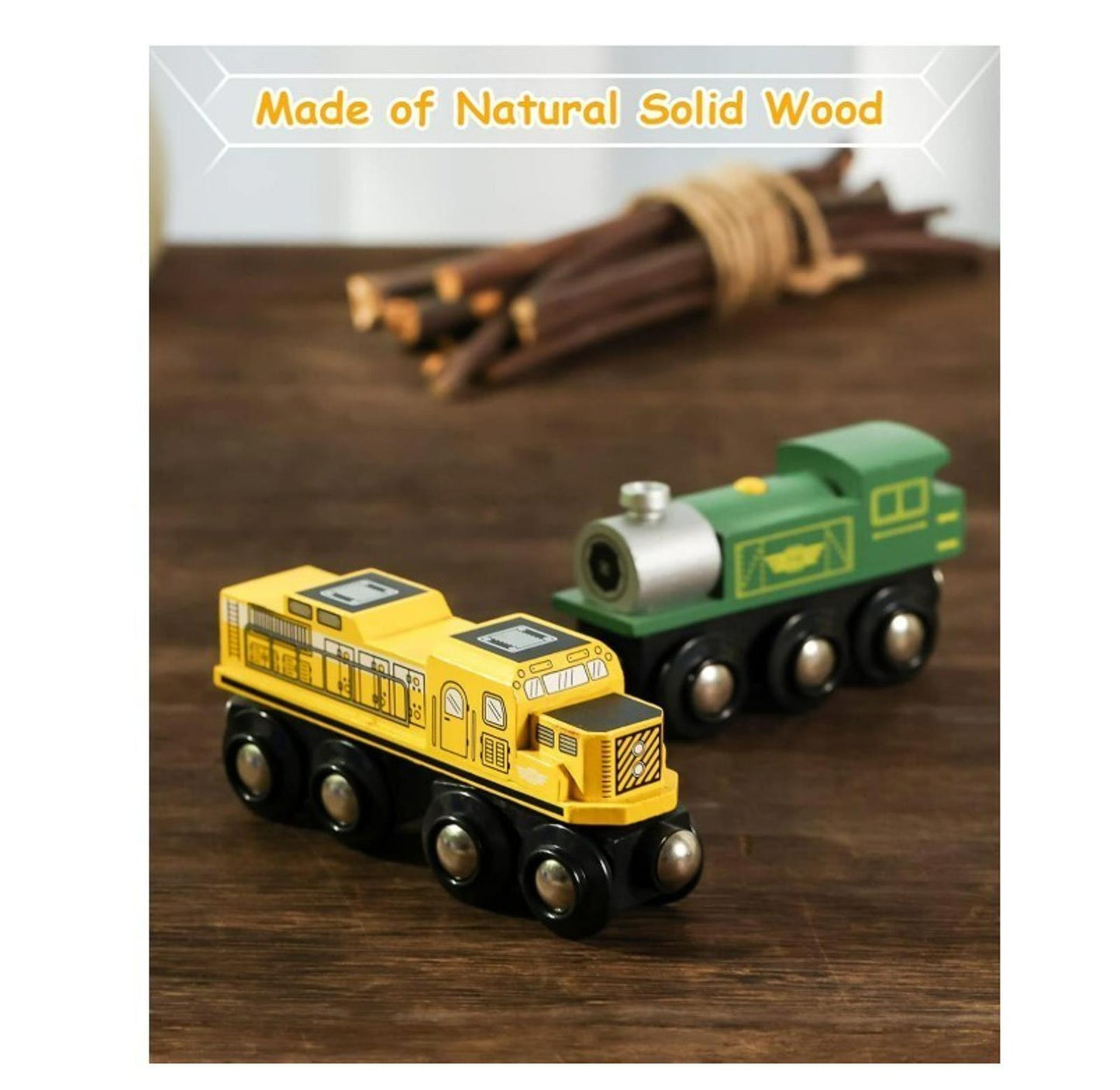 Wooden Train Set featuring a yellow engine and green locomotive, made of natural solid wood.