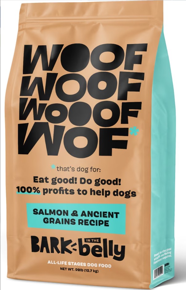 Woof Woof Dog Food featuring salmon and ancient grains recipe in a brown and teal bag.