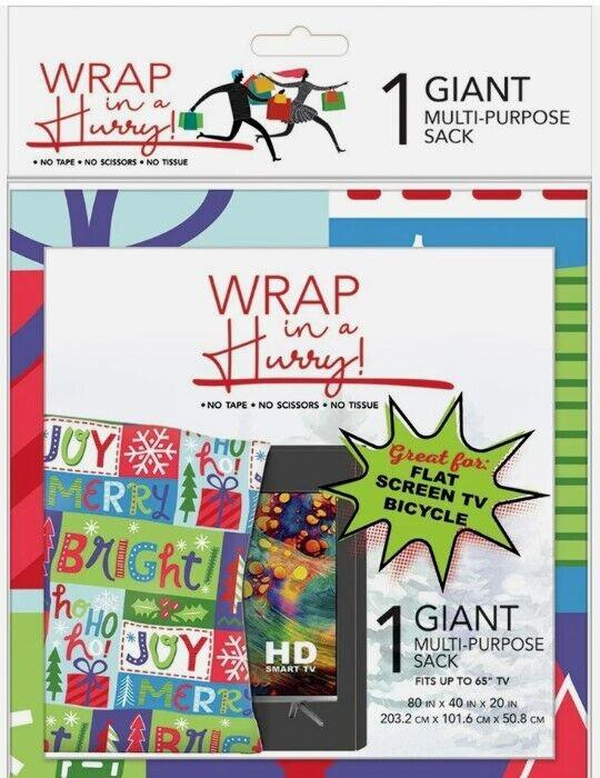 Wrap in a Hurry giant multi-purpose sack featuring colorful holiday designs and a flat screen TV bicycle.