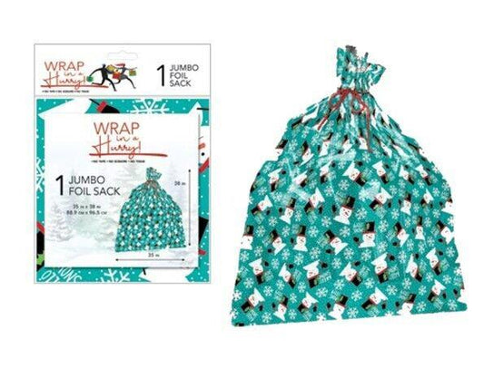 Wrap It Jumbo Foil Sack featuring a festive snowman design in teal color.
