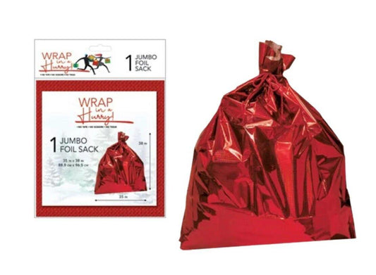 Wrap Jumbo Foil Sack in shiny red color, perfect for gift wrapping and decorations.