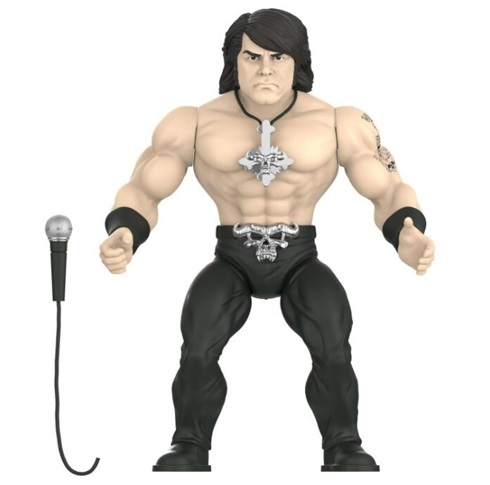 Wrestling Action Figure features muscular design with black pants and microphone accessory.