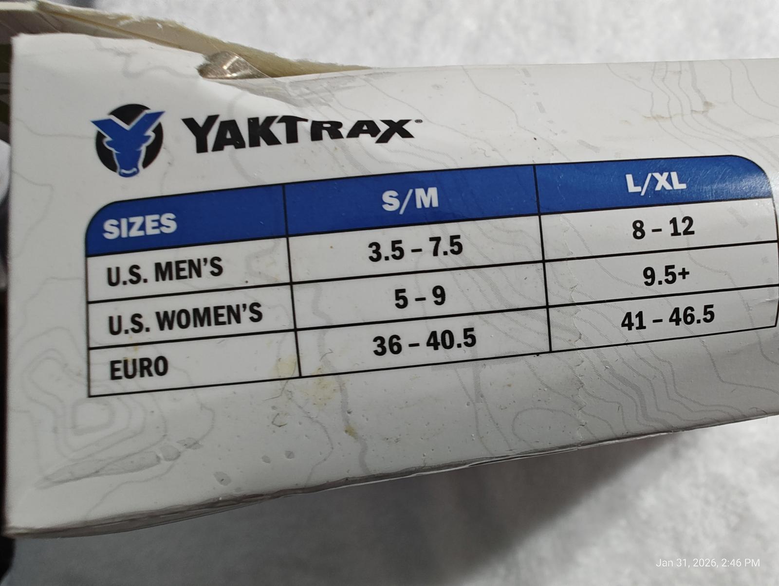 Yaktrax size chart showing S/M and L/XL options for men's and women's footwear.