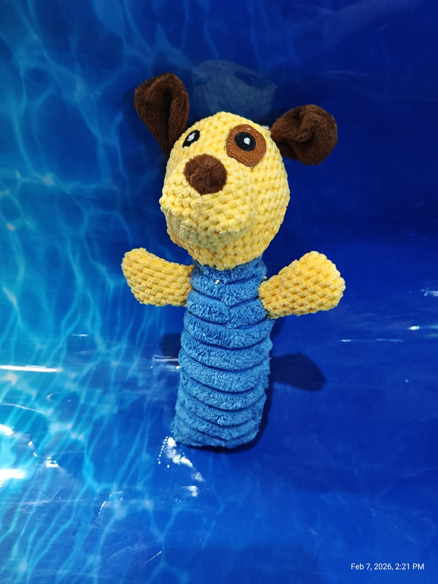 Yellow Dog Plush Toy with Blue Body and Brown Ears.