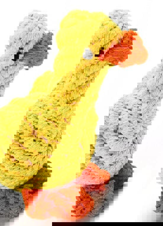 Yellow Duck Toy made of rope with orange beak and feet.