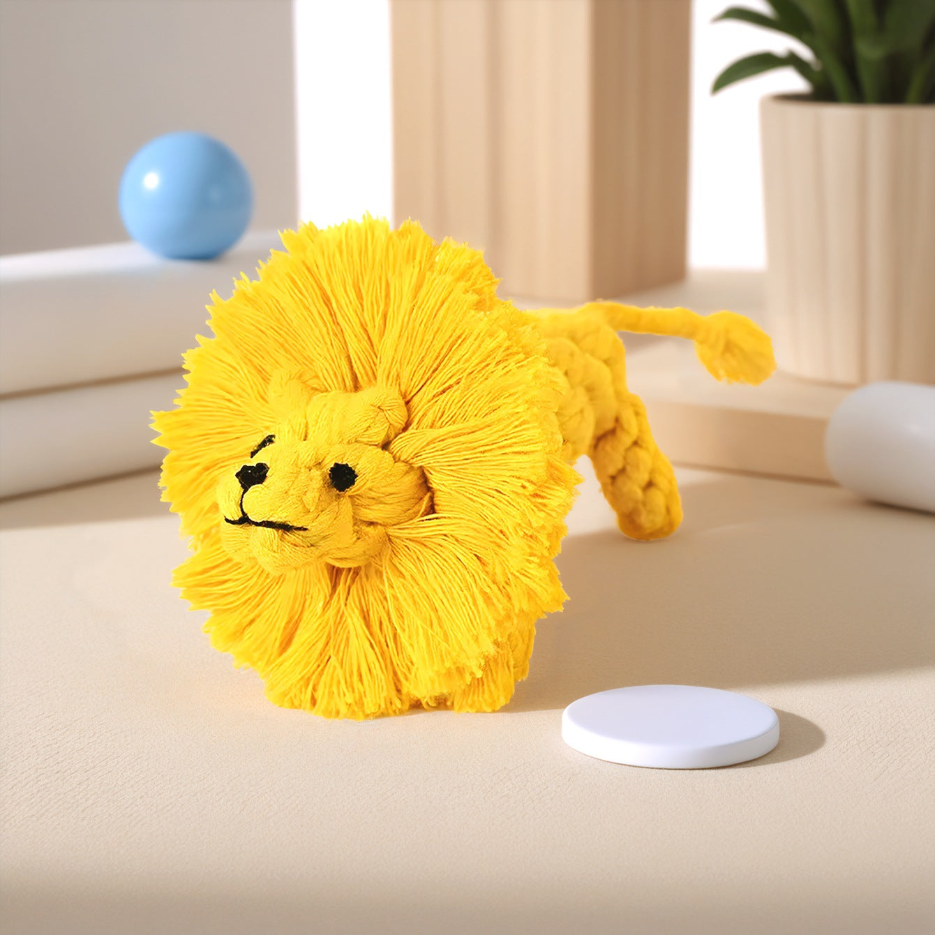 Yellow Lion Plush Toy with fluffy mane and playful expression.