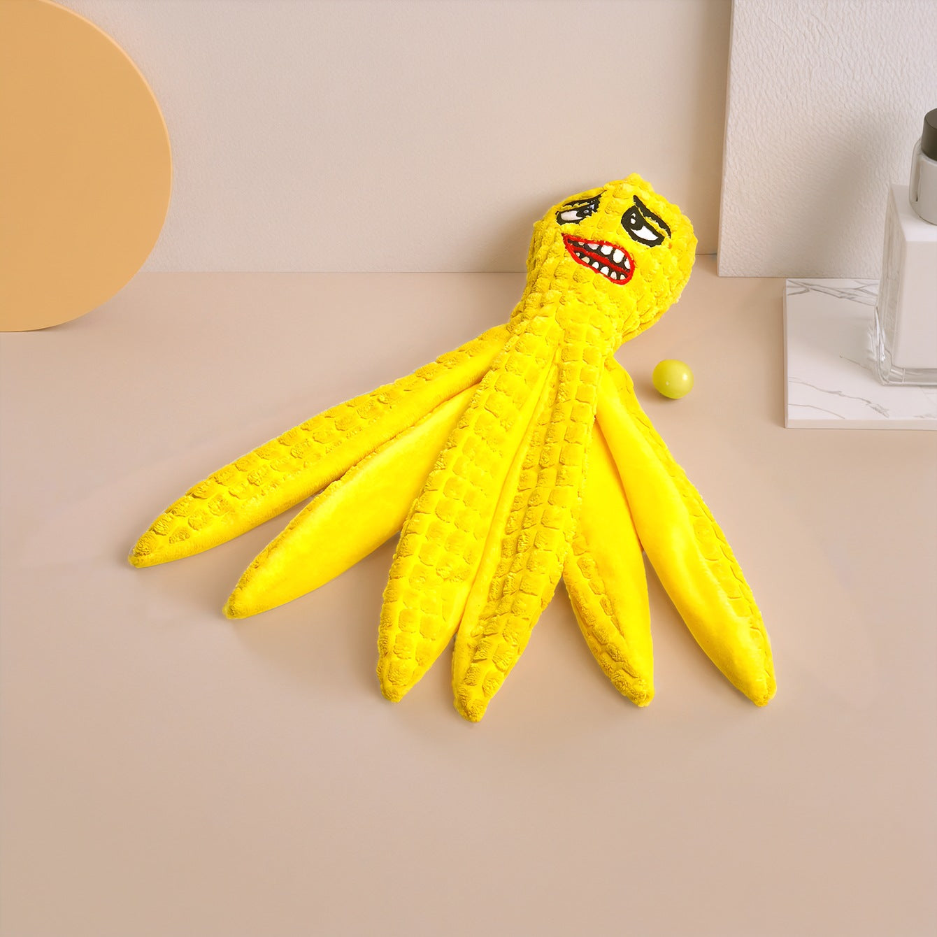 Yellow Octopus Plush Toy with Funny Face and Long Tentacles.