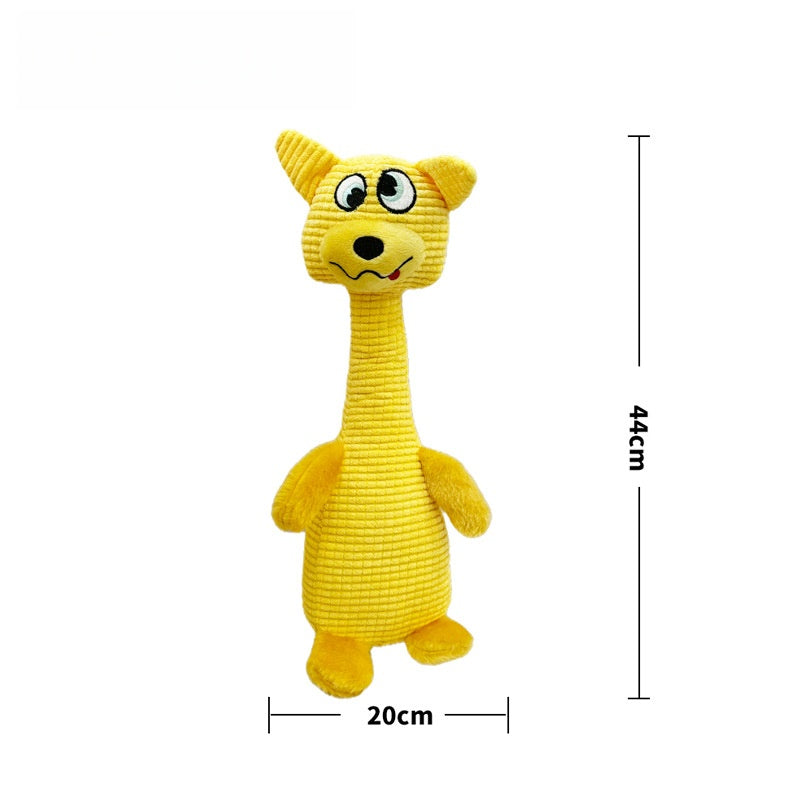 Yellow Plush Toy with a long neck and big eyes, measuring 44cm tall and 20cm wide.