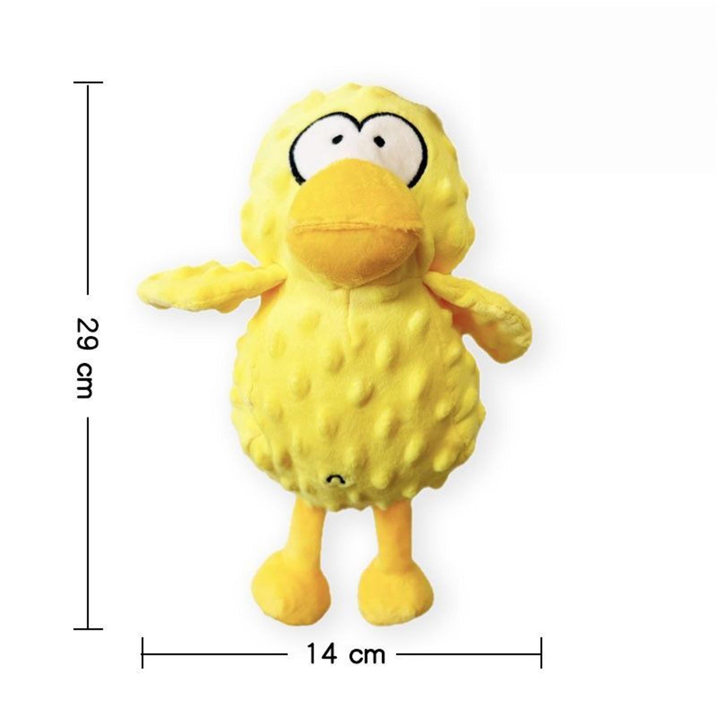 Yellow plush toy resembling a cartoon character, 29 cm tall and 14 cm wide.