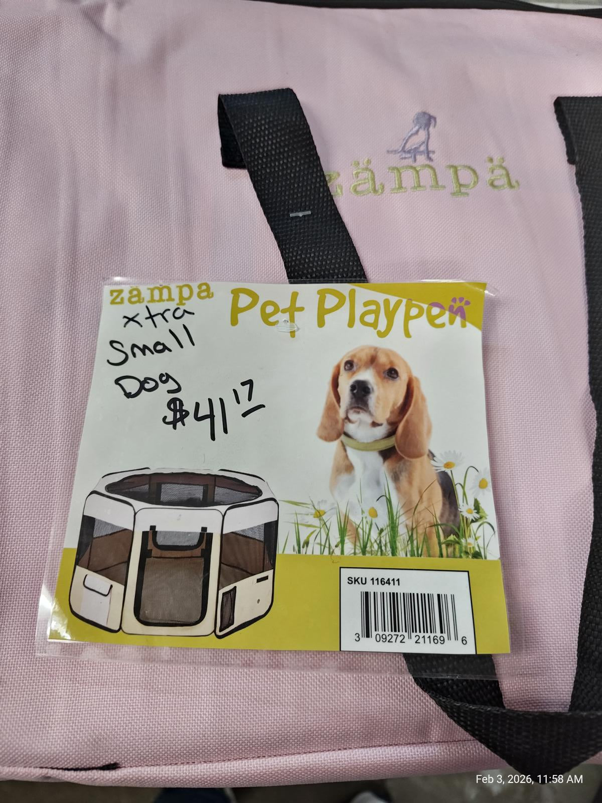 Zampa Pet Playpen for extra small dogs, featuring a pink design and a beagle on the packaging.