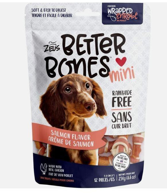 Zeus Better Bones mini salmon flavor treats for dogs, soft and rawhide-free.