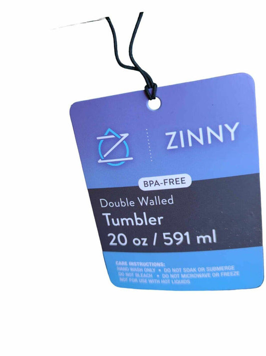 Zinny double walled tumbler tag showing BPA-free and 20 oz capacity.