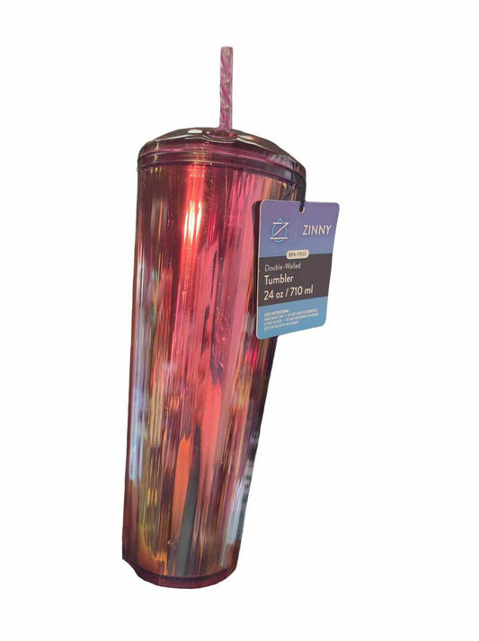 Zinny tumbler in iridescent colors with a straw, 24 oz capacity.