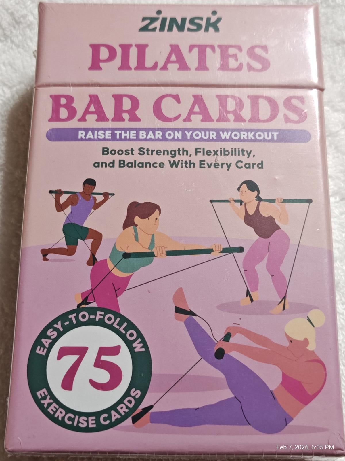 Zinsk Pilates Bar Cards featuring 75 easy-to-follow exercise cards for strength and flexibility.